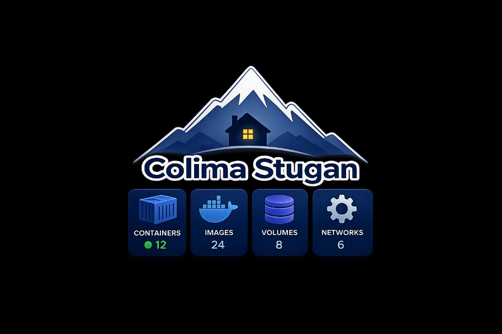 Colima Stugan — a Docker dashboard with cabin-in-the-mountains
          branding, showing live counts for containers, images, volumes and
          networks