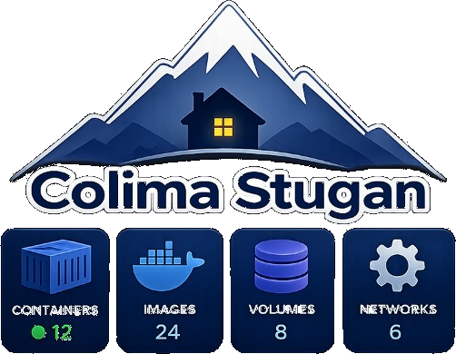 Colima Stugan — a Docker dashboard with cabin-in-the-mountains
          branding, showing live counts for containers, images, volumes and
          networks
